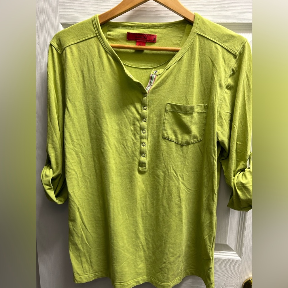 Size large top with snaps half way down and roll up snap sleeves